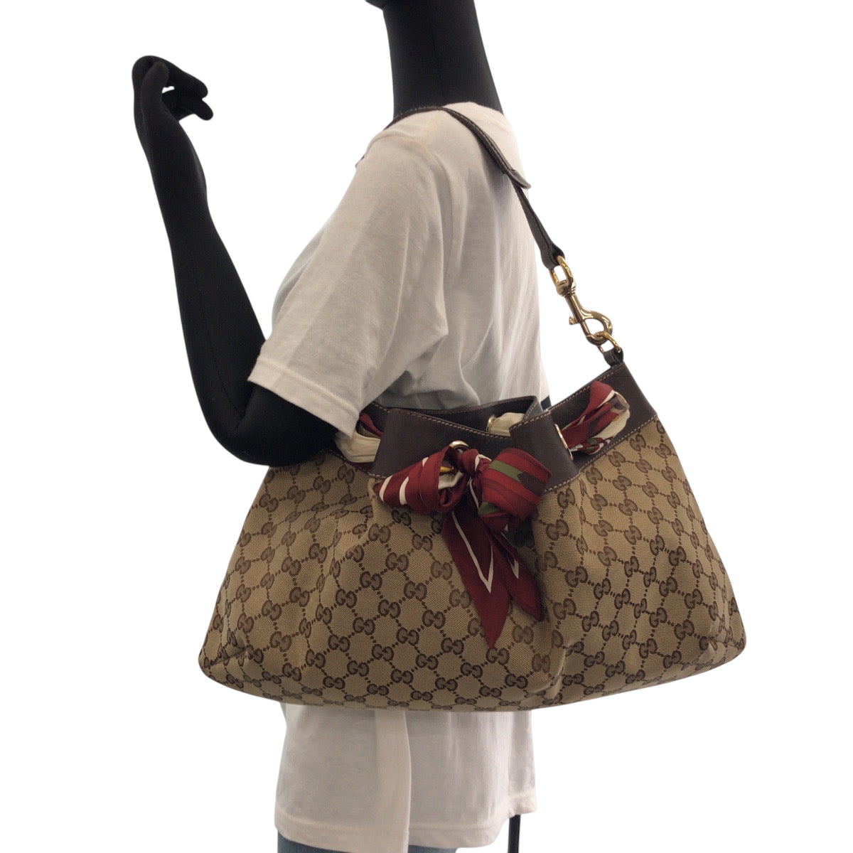 GUCCI Shoulder Bag 162788 GG canvas Beige Brown Gold Metal One Shoulder Bag Positano scarf Women Used Authentic
