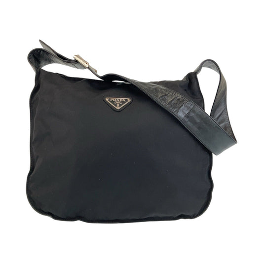 PRADA Shoulder Bag Nylon, Leather Black SilverMetal Test Triangle With logo Women Used Authentic