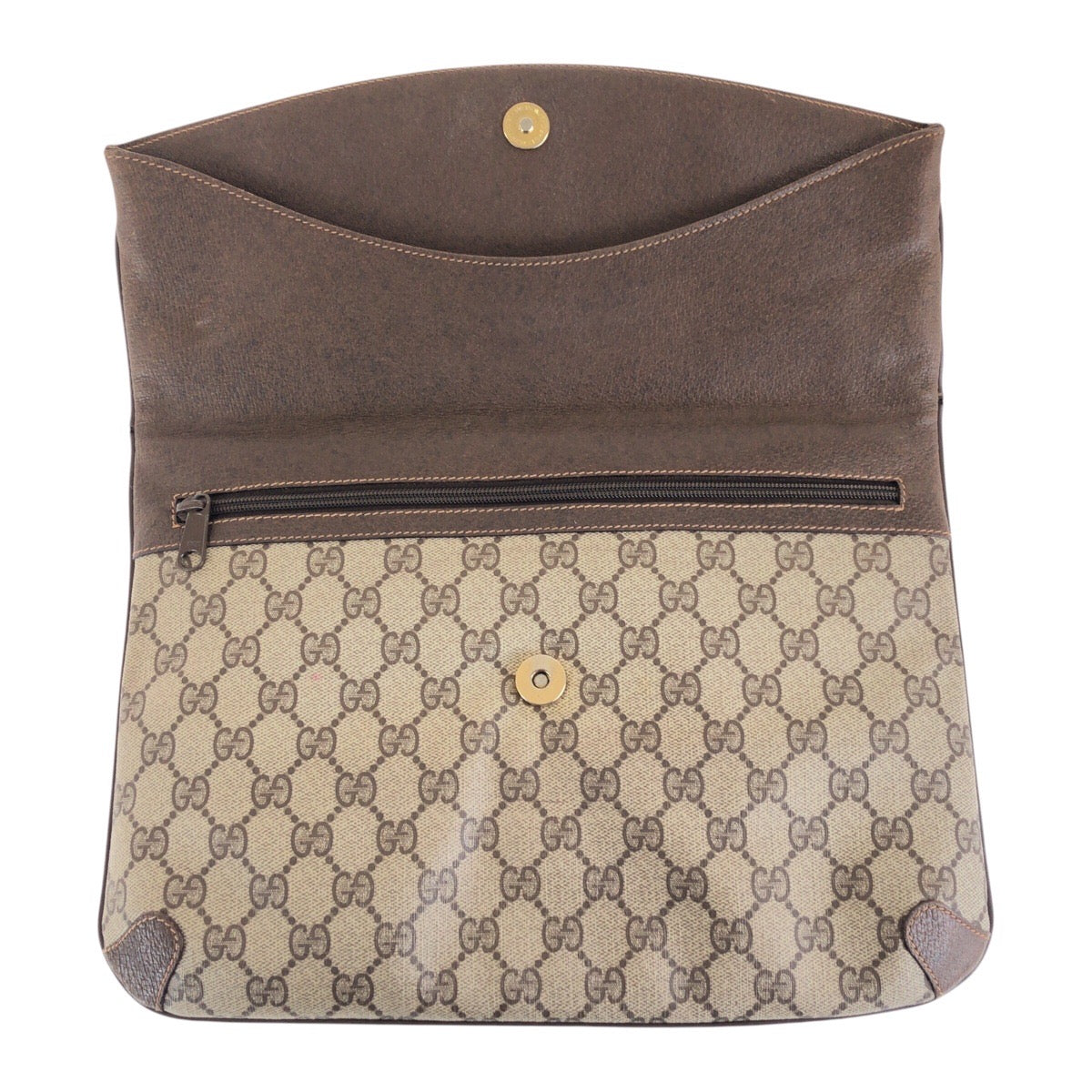 GUCCI Clutch bag 89 02075 GG Supreme Canvas Brown Beige Gold Metal Old Gucci