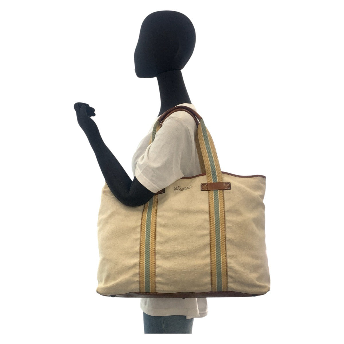 GUCCI Tote Bag 170594 canvas Beige Brown Gold Metal Sherry line