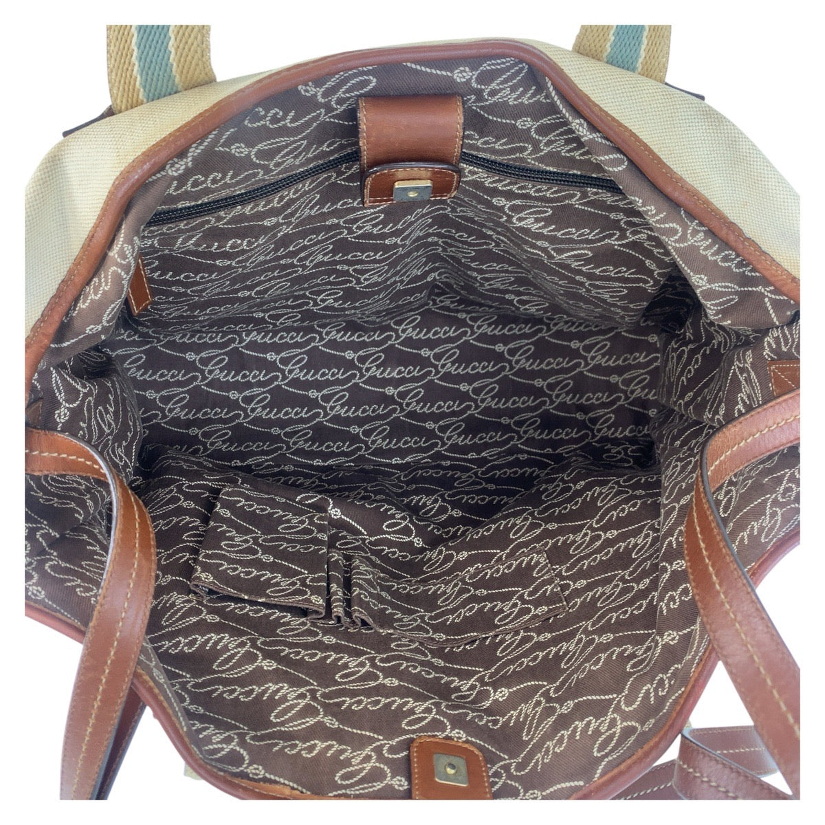 GUCCI Tote Bag 170594 canvas Beige Brown Gold Metal Sherry line