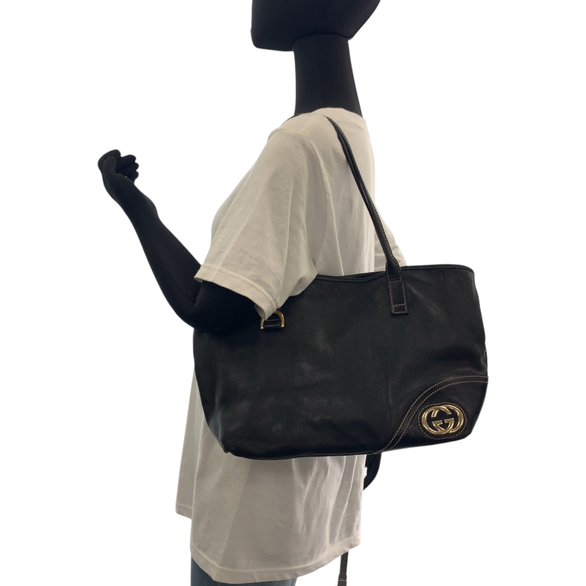 GUCCI Tote Bag 169946 leather Black GoldMetal Tote Bag Shoulder Bag Newbrit Women Used Authentic