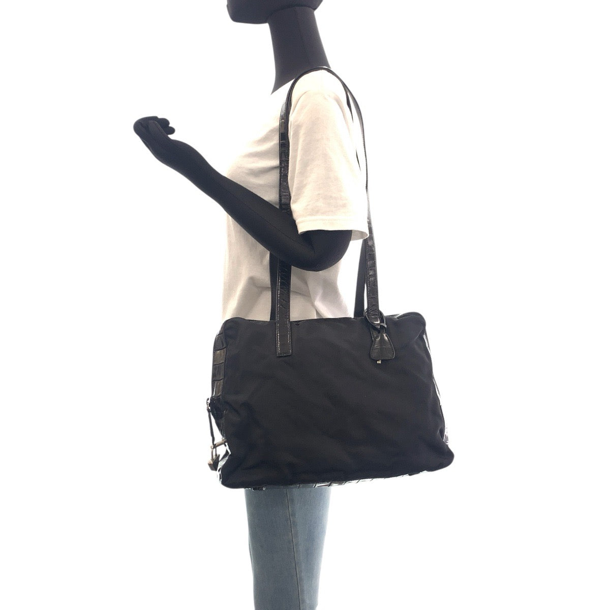 PRADA Shoulder Bag Nylon, Leather Black SilverMetal Shoulder Bag embossed Test Triangle With logo Women Used Authentic