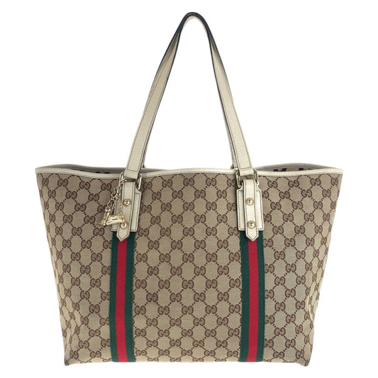 GUCCI Tote Bag 139260 GG canvas, leather Brown White Gold Metal Tote Bag Shoulder Bag Sherry line Women Used Authentic