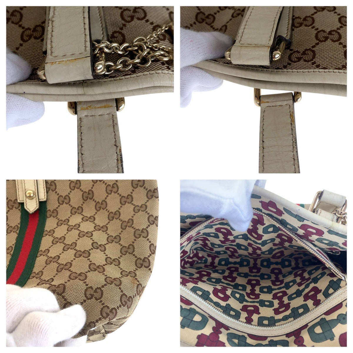GUCCI Tote Bag 139260 GG canvas, leather Brown White Gold Metal Tote Bag Shoulder Bag Sherry line Women Used Authentic