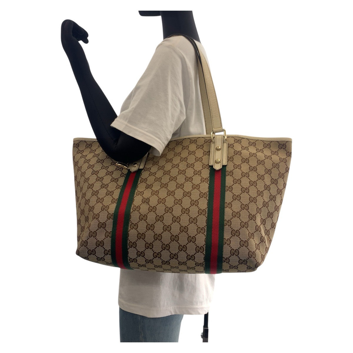 GUCCI Tote Bag 139260 GG canvas, leather Brown White Gold Metal Tote Bag Shoulder Bag Sherry line Women Used Authentic