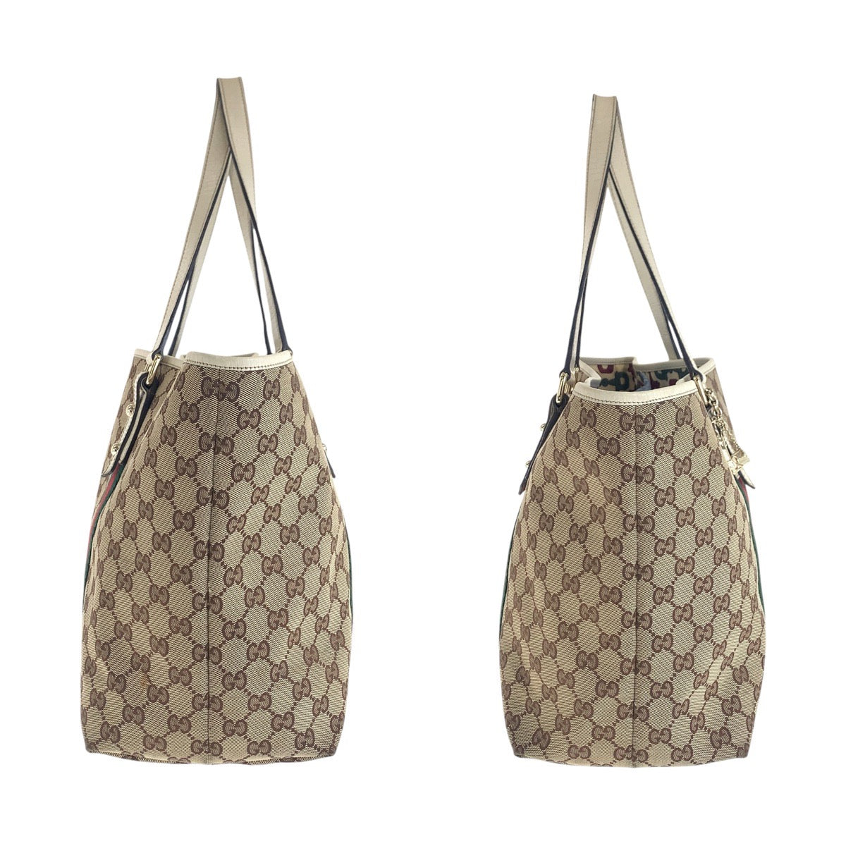 GUCCI Tote Bag 139260 GG canvas, leather Brown White Gold Metal Tote Bag Shoulder Bag Sherry line Women Used Authentic