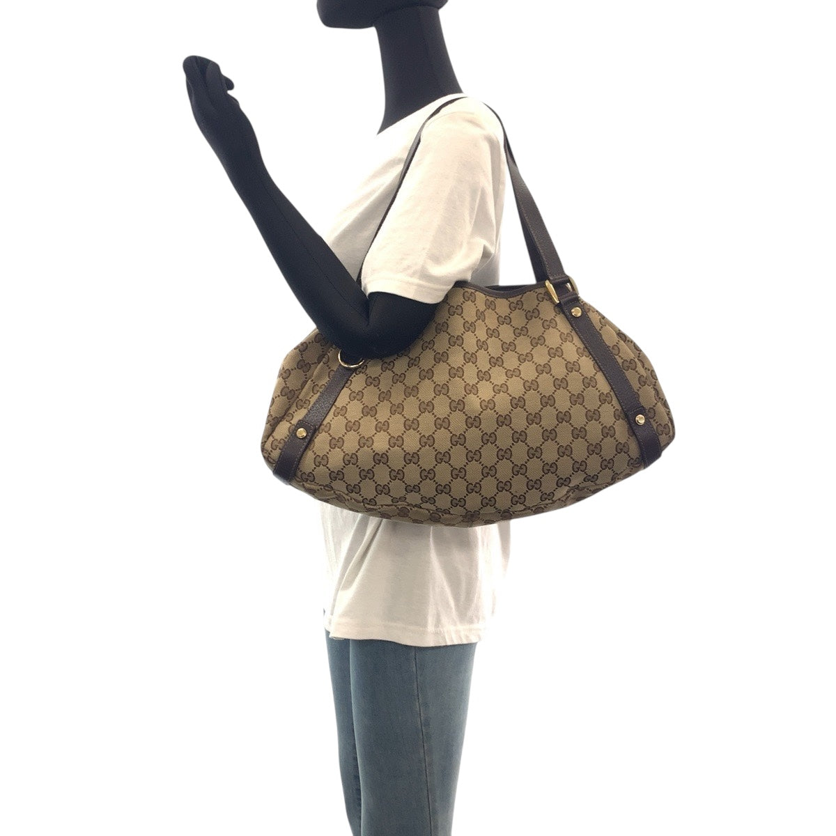 GUCCI Shoulder Bag 130736 GG canvas Beige Brown Gold Metal