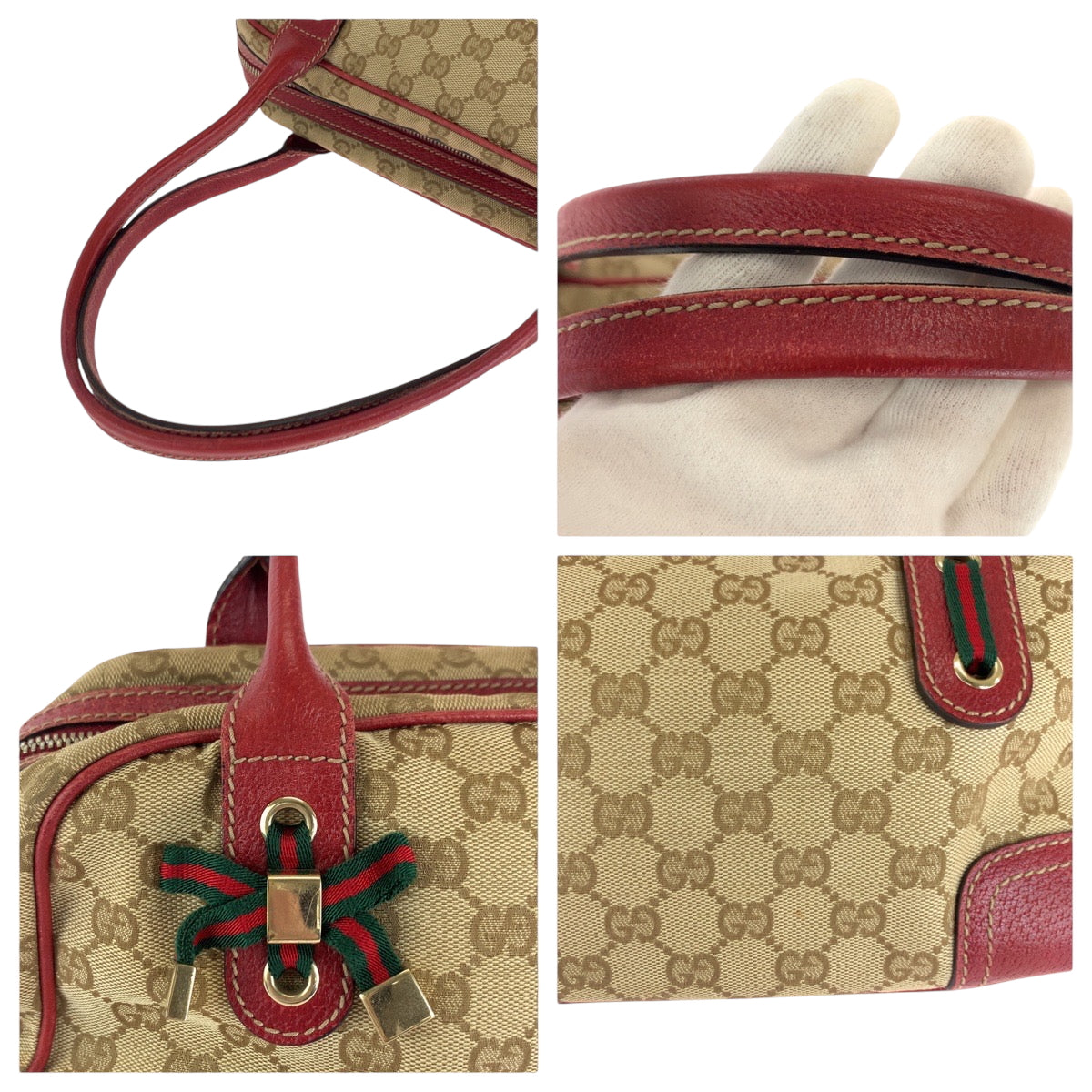 GUCCI Handbag 161720 GG canvas Beige Red Gold Metal Handbags Mini Boston Duffel bag Pretty Sherry Ribbon Women Used Authentic