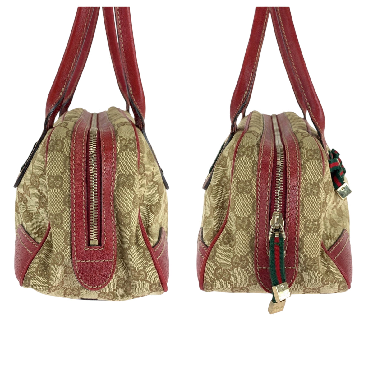 GUCCI Handbag 161720 GG canvas Beige Red Gold Metal Handbags Mini Boston Duffel bag Pretty Sherry Ribbon Women Used Authentic