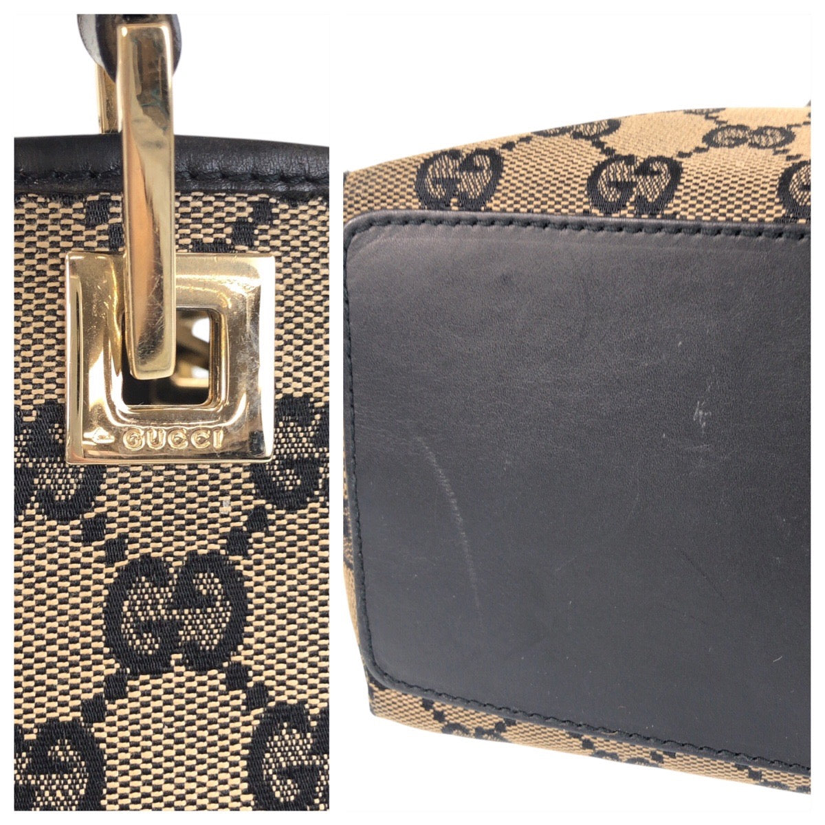 GUCCI Tote Bag 002 1099 GG canvas, leather Beige Black Gold Metal Tote Bag Shoulder Bag Women Used Authentic