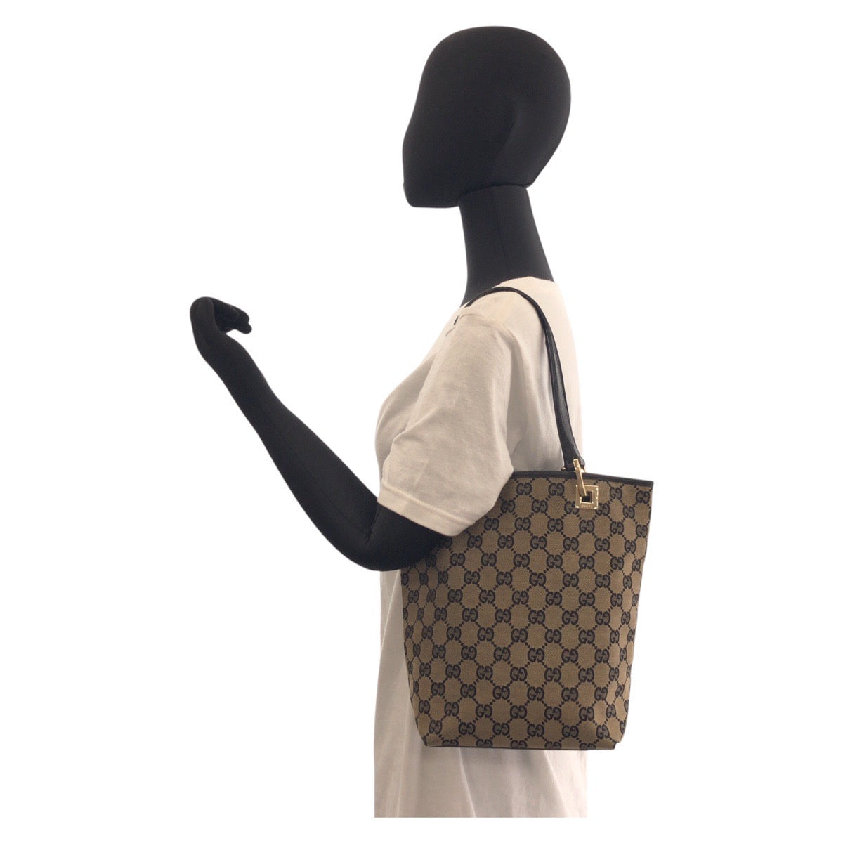 GUCCI Tote Bag 002 1099 GG canvas, leather Beige Black Gold Metal Tote Bag Shoulder Bag Women Used Authentic