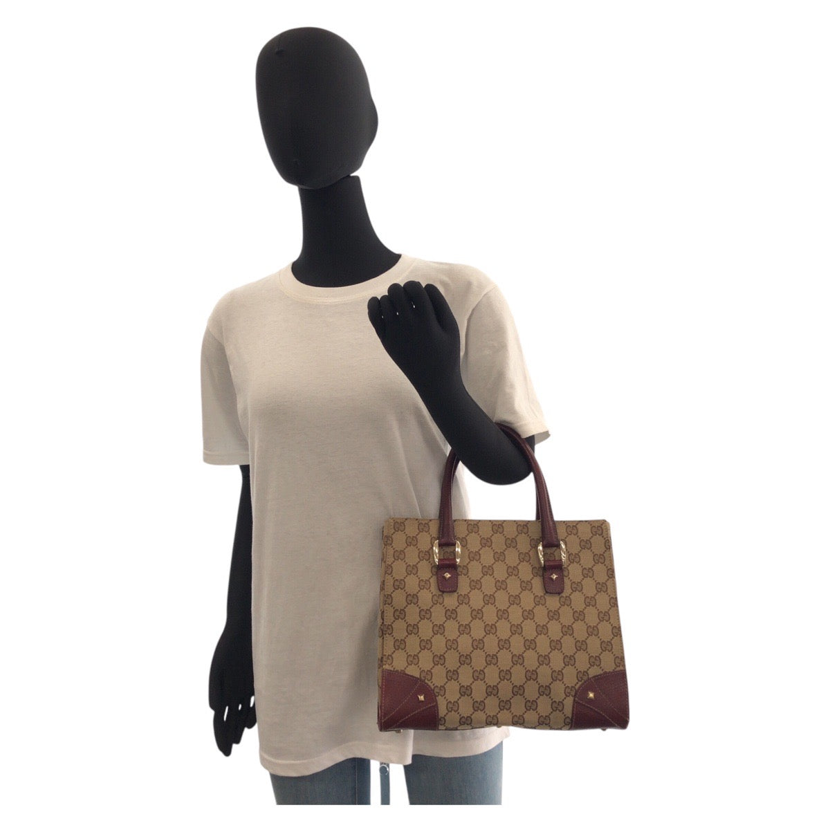 GUCCI Tote Bag 120895 GG canvas, leather Beige Bordeaux Gold Metal Tote Bag handbag Women Used Authentic