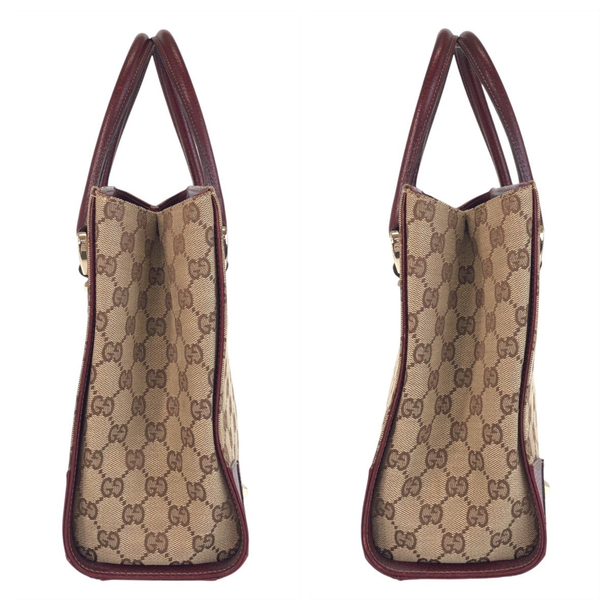 GUCCI Tote Bag 120895 GG canvas, leather Beige Bordeaux Gold Metal Tote Bag handbag Women Used Authentic