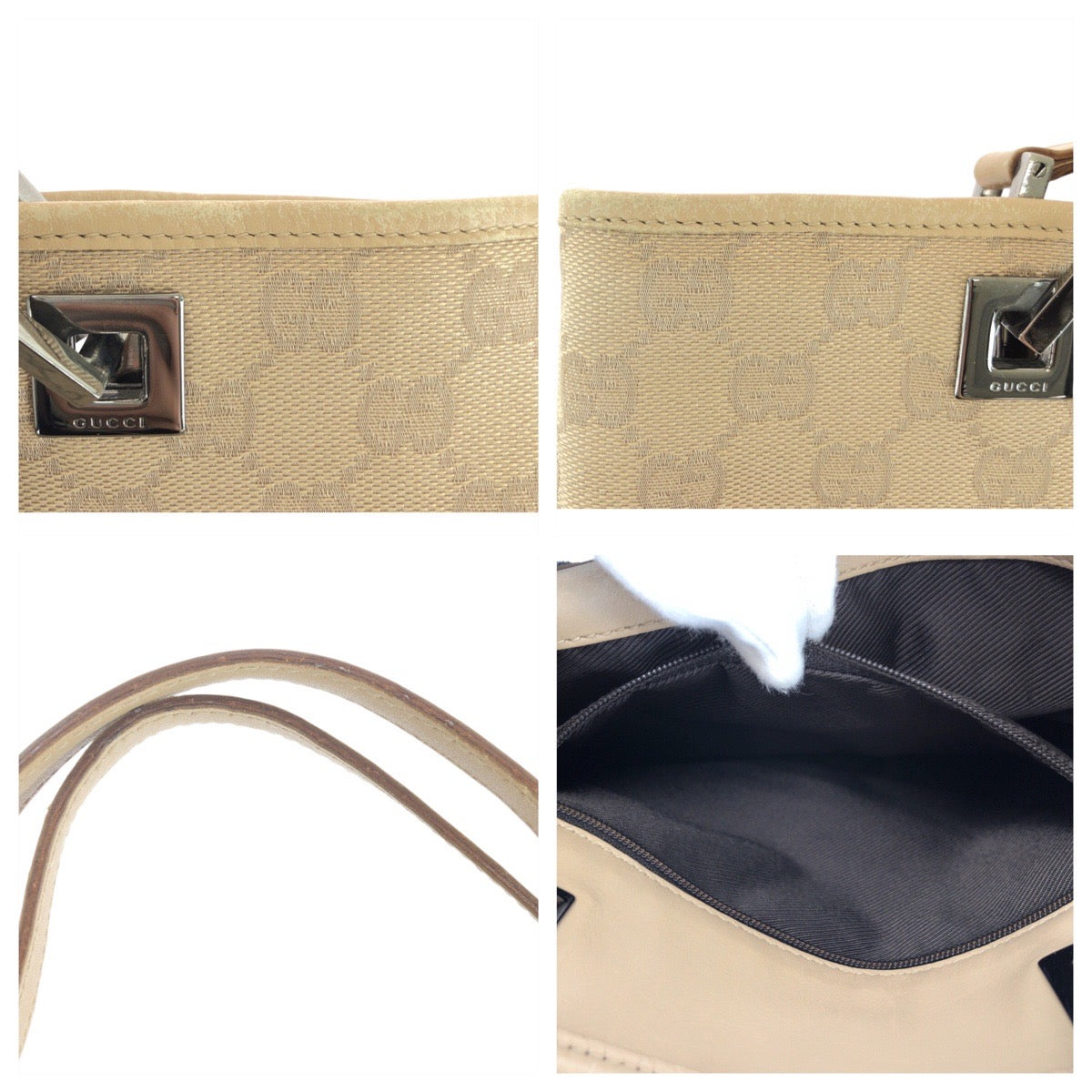 GUCCI Tote Bag 31244 GG canvas, leather Beige Brown SilverMetal Tote Bag Shoulder Bag Women Used Authentic