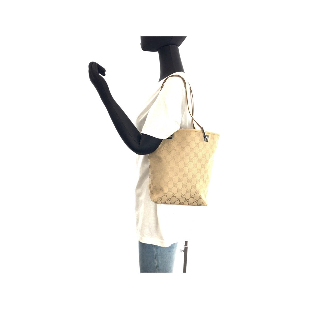GUCCI Tote Bag 31244 GG canvas, leather Beige Brown SilverMetal Tote Bag Shoulder Bag Women Used Authentic