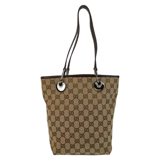 GUCCI Tote Bag 120840 GG canvas, leather Beige Brown SilverMetal Tote Bag Shoulder Bag Women Used Authentic
