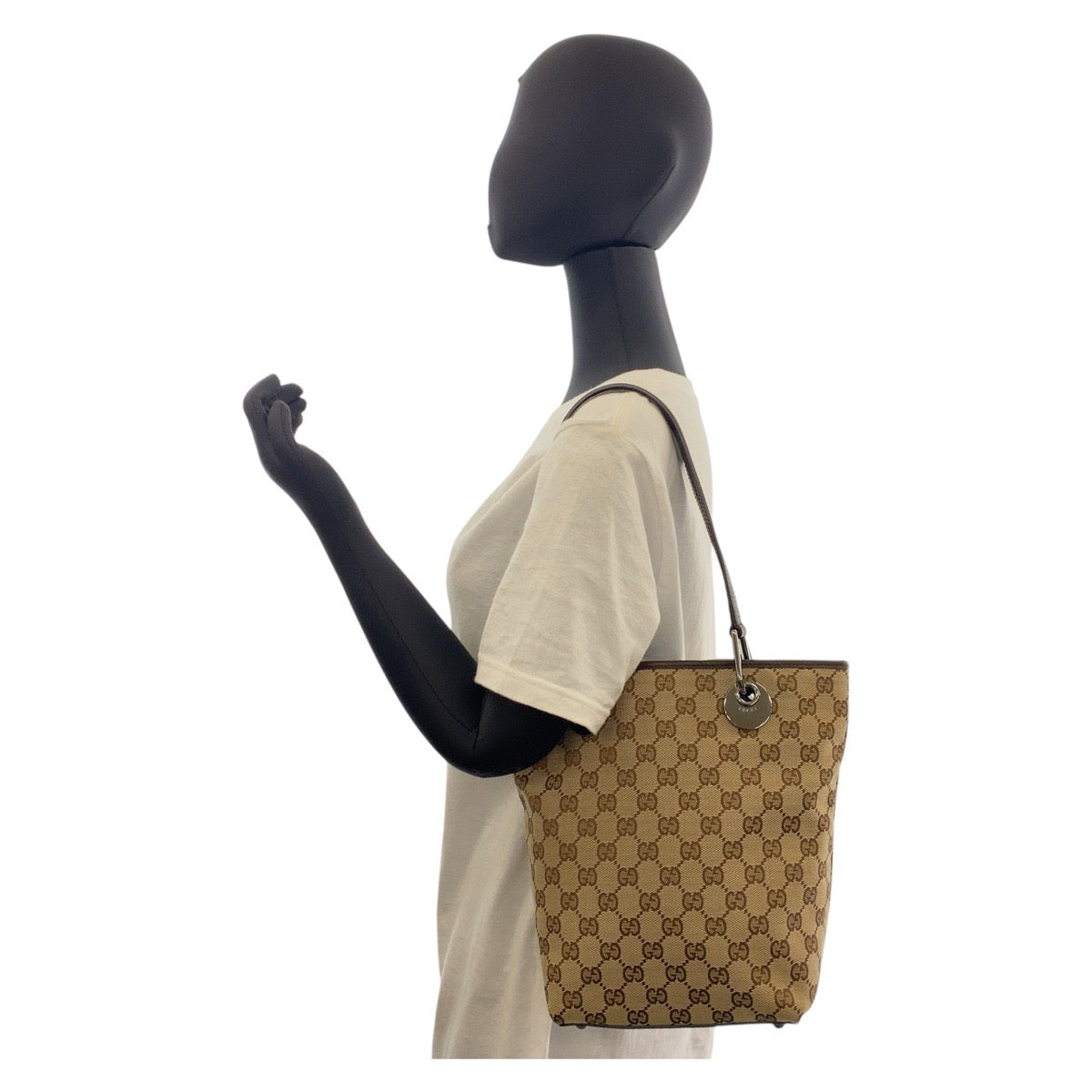 GUCCI Tote Bag 120840 GG canvas, leather Beige Brown SilverMetal Tote Bag Shoulder Bag Women Used Authentic