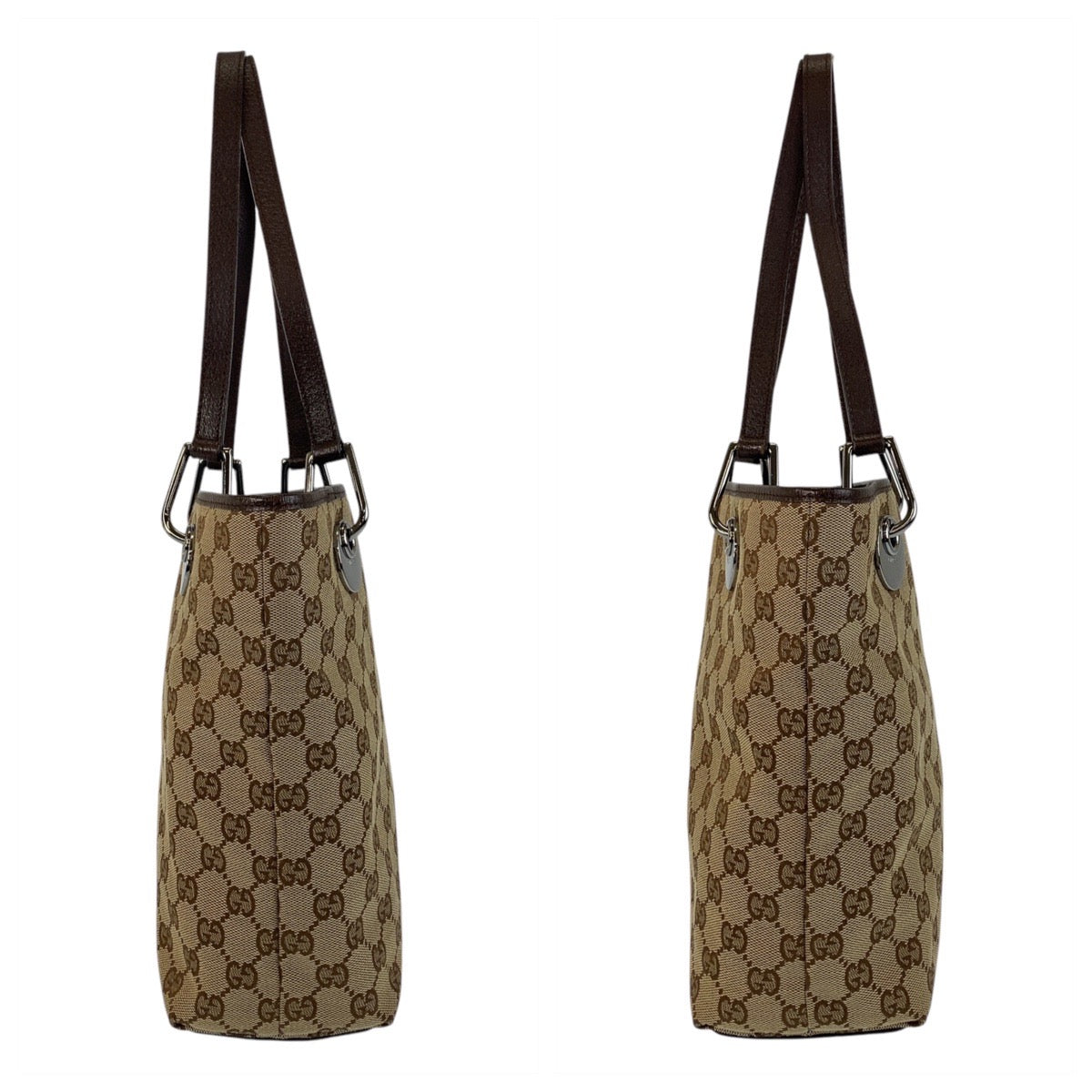 GUCCI Tote Bag 120840 GG canvas, leather Beige Brown SilverMetal Tote Bag Shoulder Bag Women Used Authentic