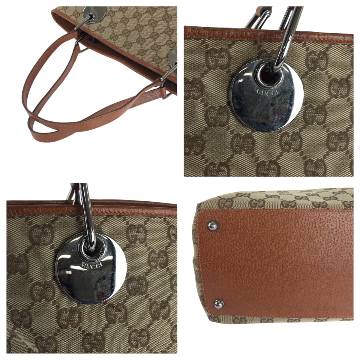 GUCCI Tote Bag 120836 GG canvas Brown Silver Metal Tote Bag Shoulder Bag Women Used Authentic