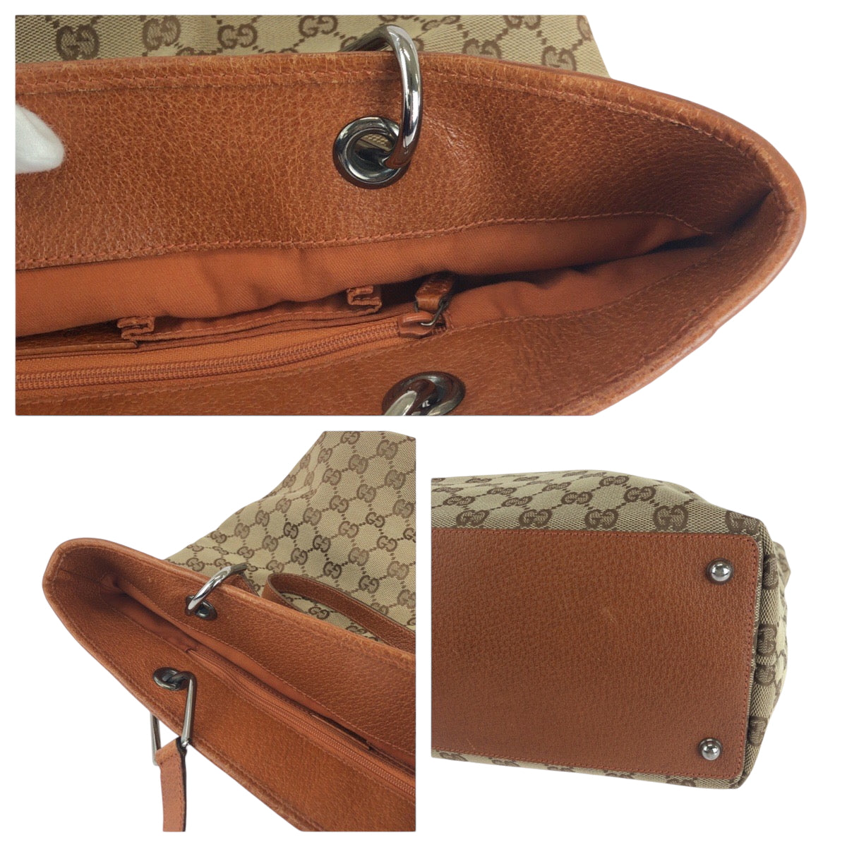 GUCCI Tote Bag 120836 GG canvas Brown Silver Metal Tote Bag Shoulder Bag Women Used Authentic