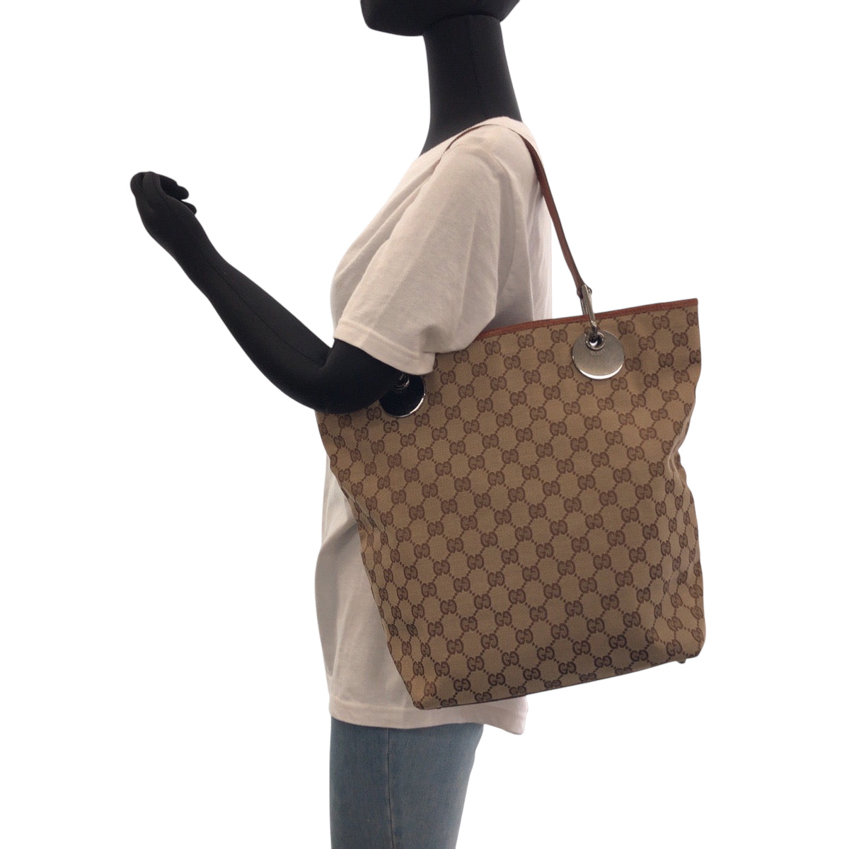 GUCCI Tote Bag 120836 GG canvas Brown Silver Metal Tote Bag Shoulder Bag Women Used Authentic