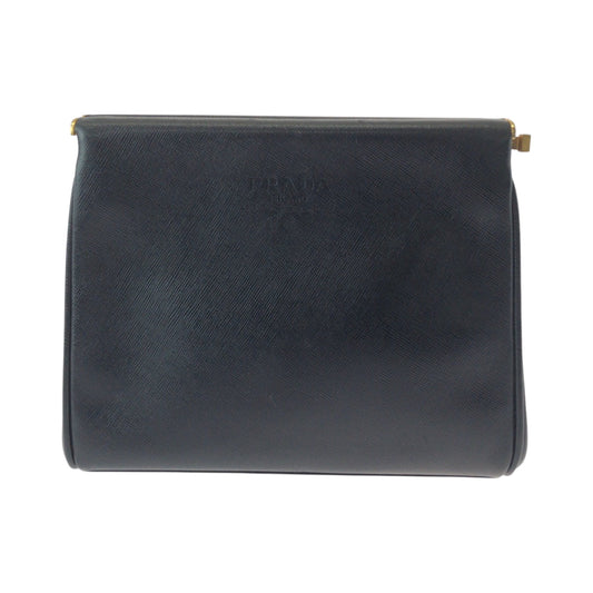 PRADA business bag leather Black GoldMetal business bag clutch bag Safiano logo Women Used Authentic