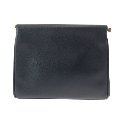 PRADA business bag leather Black GoldMetal business bag clutch bag Safiano logo Women Used Authentic