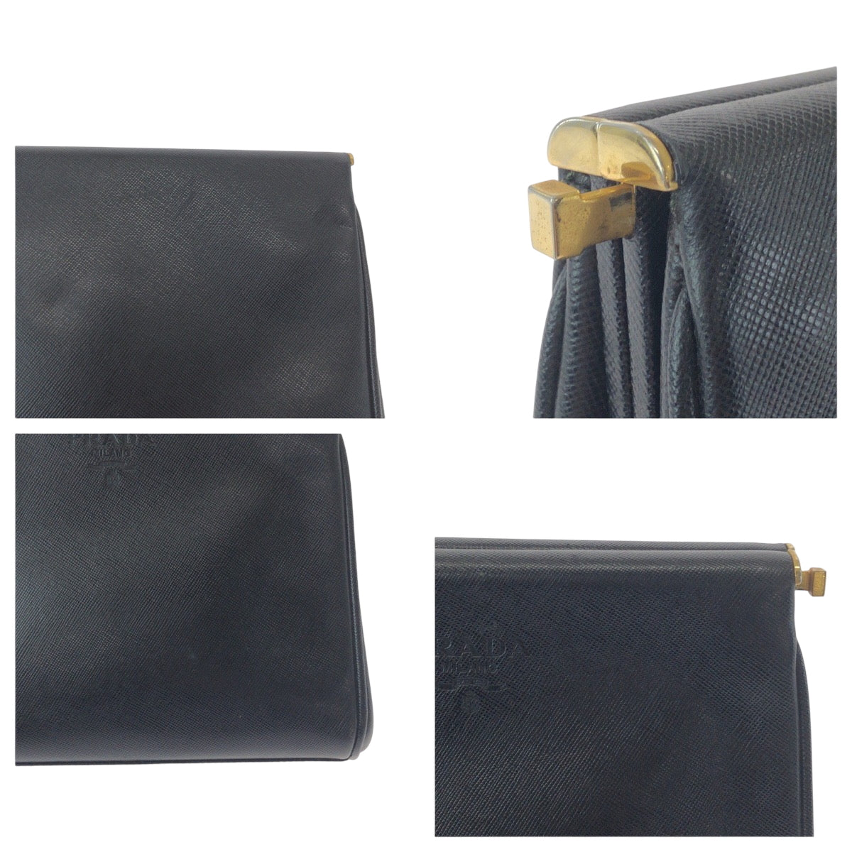 PRADA business bag leather Black GoldMetal business bag clutch bag Safiano logo Women Used Authentic