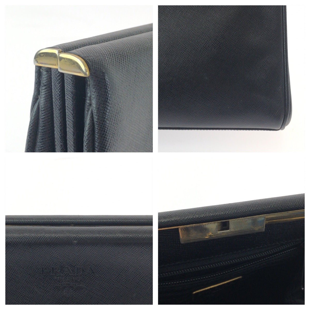 PRADA business bag leather Black GoldMetal business bag clutch bag Safiano logo Women Used Authentic