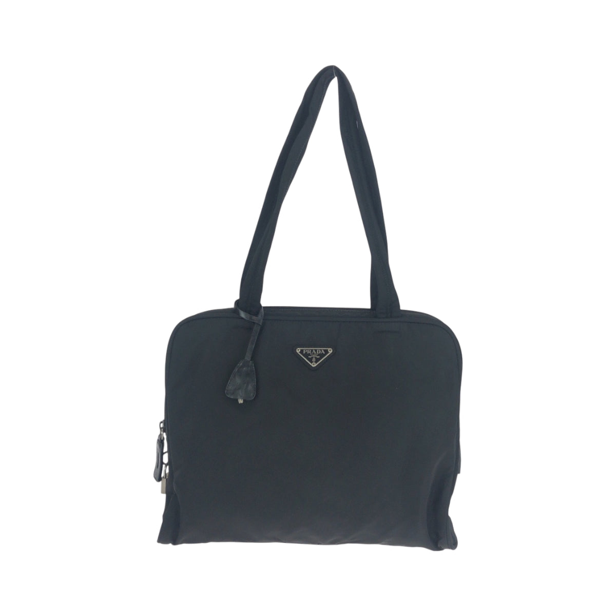 PRADA Tote Bag Nylon Black SilverMetal Tote Bag Shoulder Bag Test Triangle With logo Women Used Authentic