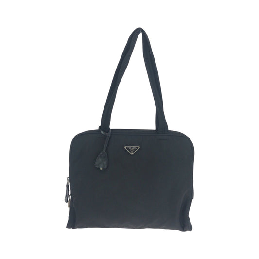 PRADA Tote Bag Nylon Black SilverMetal Tote Bag Shoulder Bag Test Triangle With logo Women Used Authentic