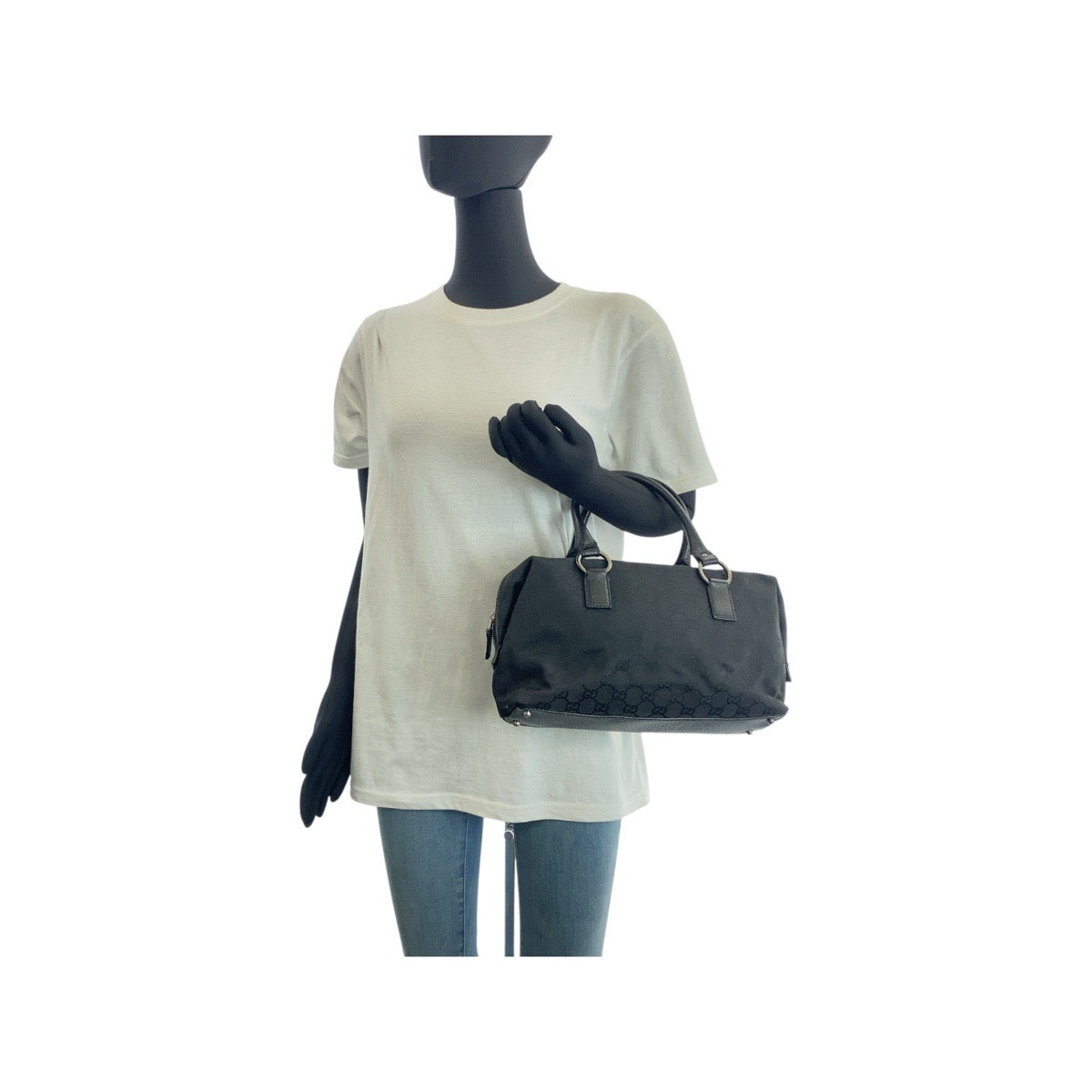 GUCCI Tote Bag 113009 GG canvas, leather Black SilverMetal Tote Bag handbag Women Used Authentic