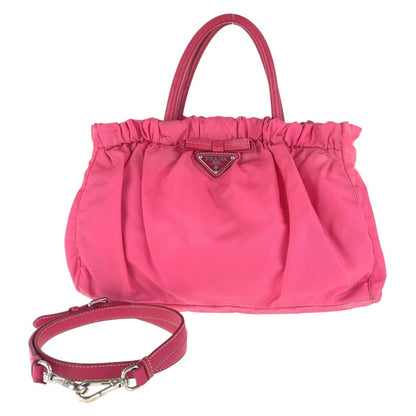 PRADA Tote Bag Nylon, Leather pink Tote Bag Shoulder Bag 2way Test Triangle With logo Women Used Authentic
