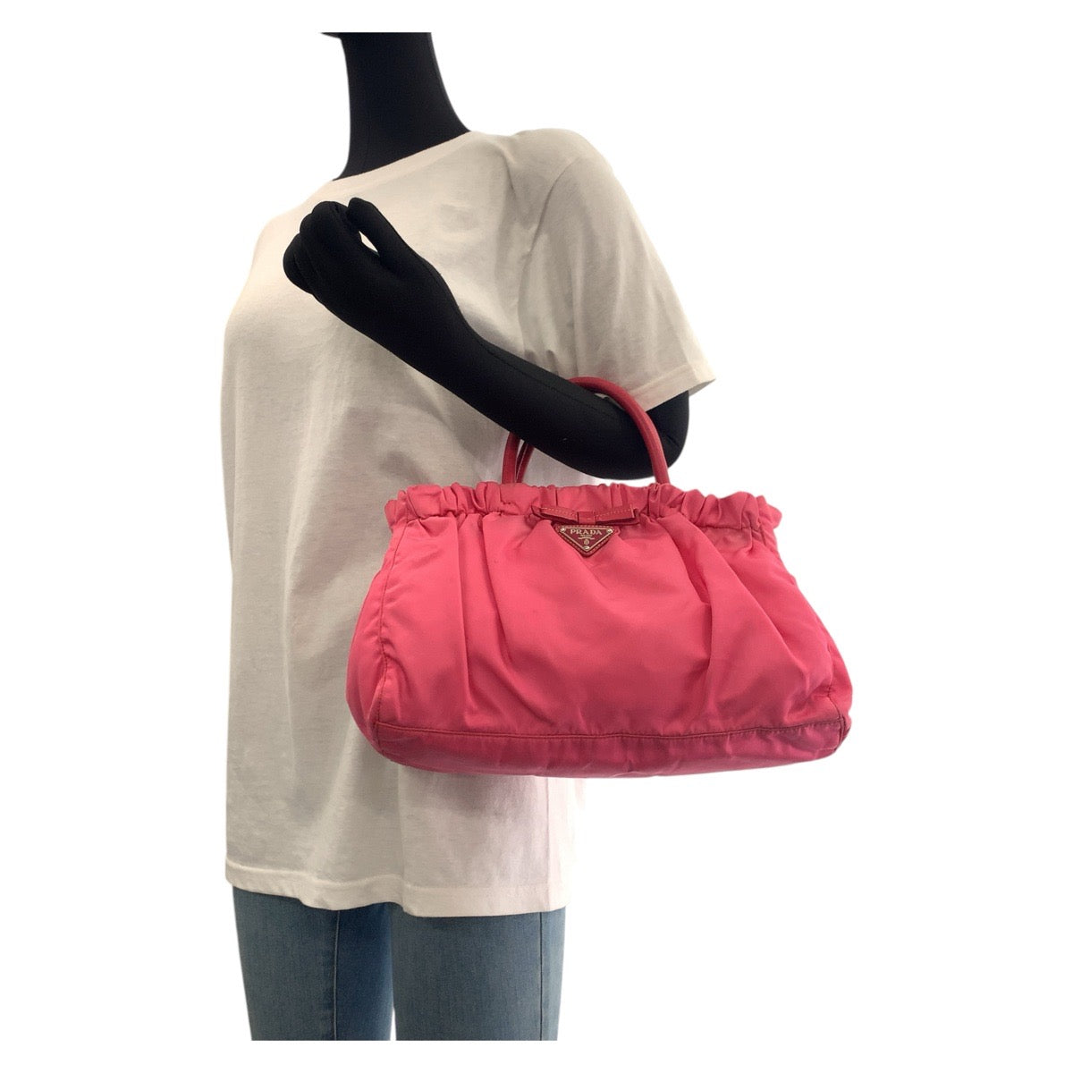 PRADA Tote Bag Nylon, Leather pink Tote Bag Shoulder Bag 2way Test Triangle With logo Women Used Authentic