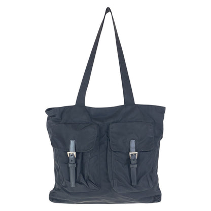 PRADA Tote Bag Nylon Black SilverMetal Tote Bag Shoulder Bag Test Triangle With logo Women Used Authentic