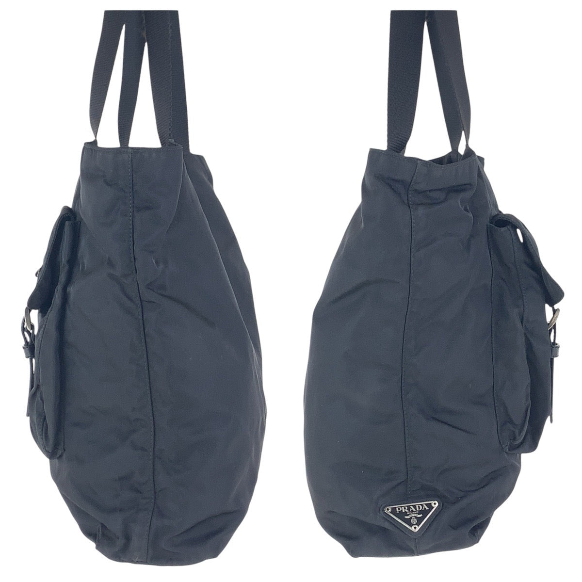 PRADA Tote Bag Nylon Black SilverMetal Tote Bag Shoulder Bag Test Triangle With logo Women Used Authentic