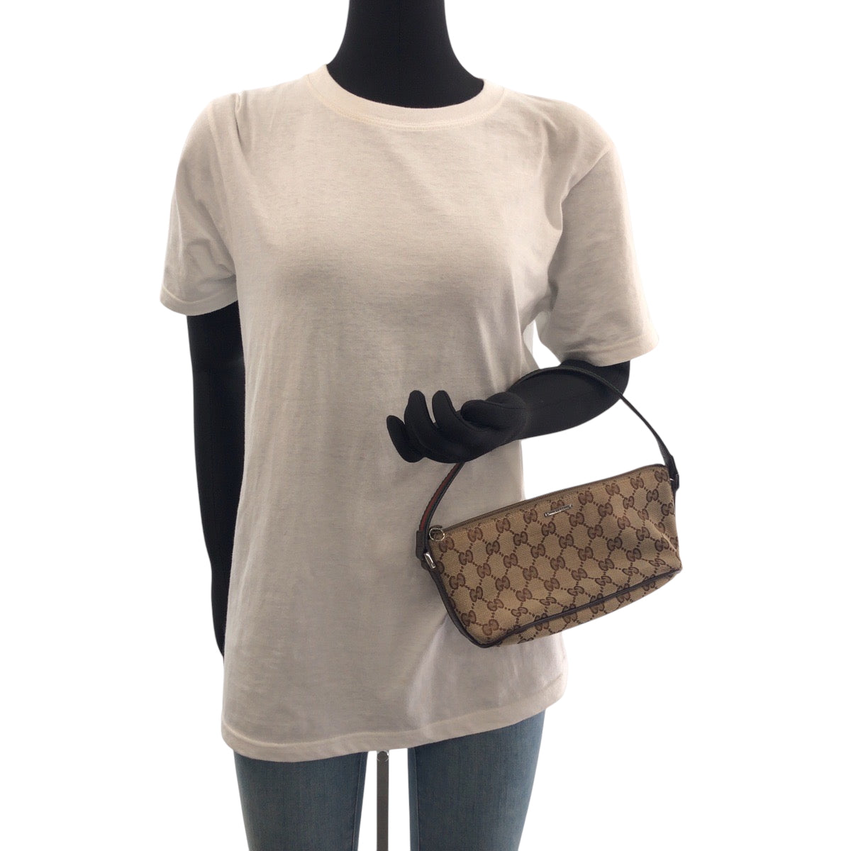 GUCCI Handbag 141309 GG canvas Beige Brown SilverMetal Handbag accessory pouch Sherry line Women Used Authentic