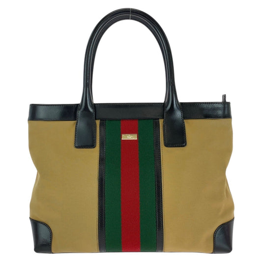 GUCCI Tote Bag 002 1119 Canvas, Leather beige Tote Bag Shoulder Bag Sherry line Women Used Authentic