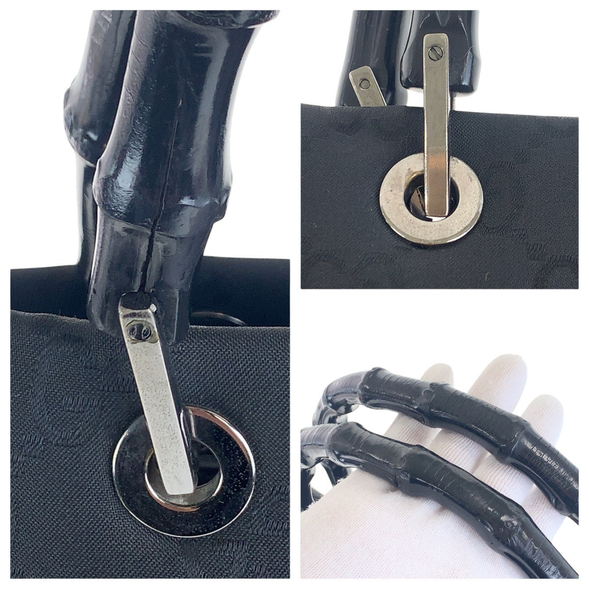 GUCCI Tote Bag 002 1010 GG canvas Black SilverMetal Tote Bag handbag Bamboo Women Used Authentic