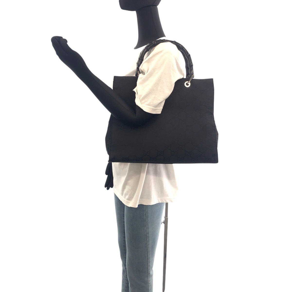 GUCCI Tote Bag 002 1010 GG canvas Black SilverMetal Tote Bag handbag Bamboo Women Used Authentic