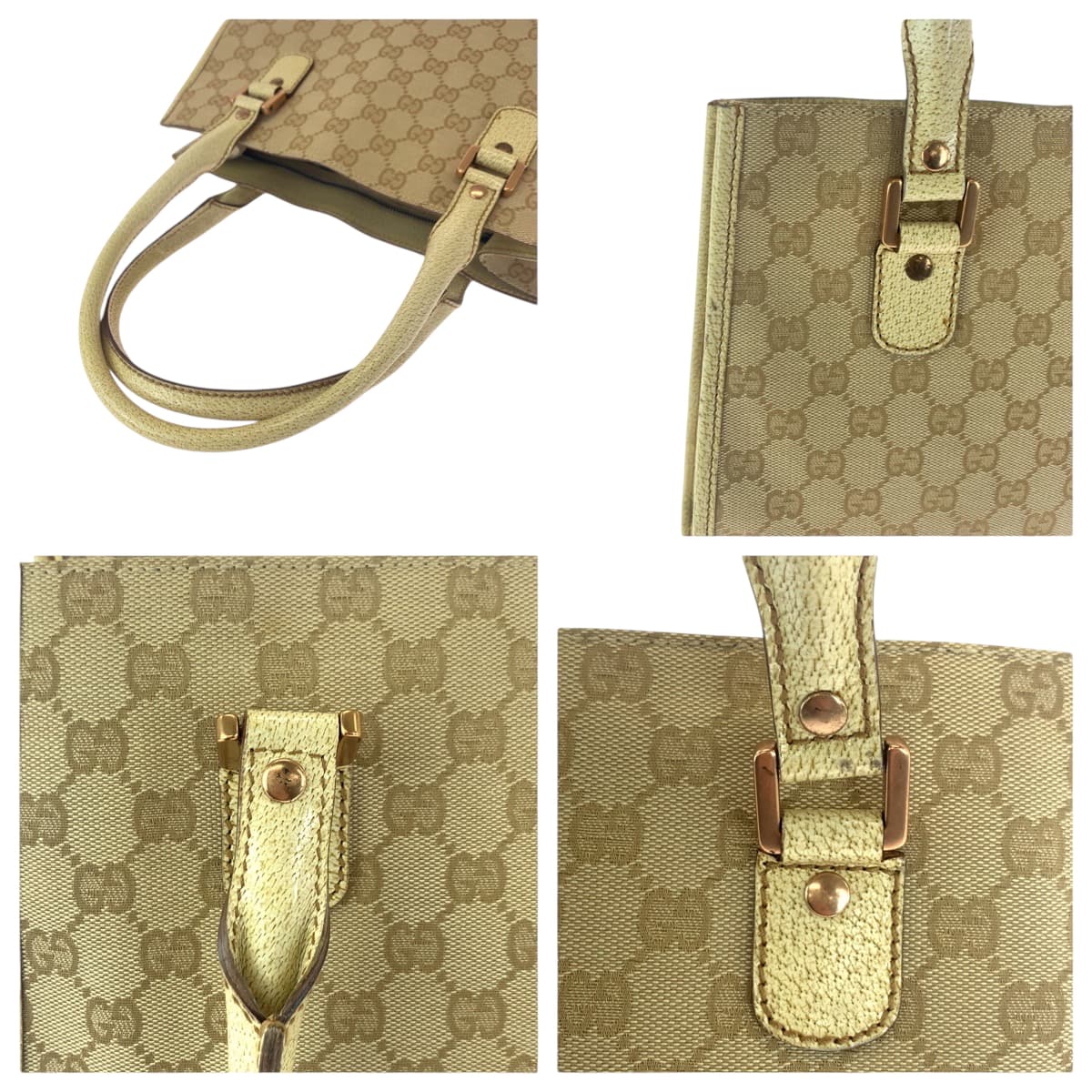 GUCCI Tote Bag 124260 GG canvas Beige Ivory Gold Metal Tote Bag Handbag Shoulder Bag Women Used Authentic
