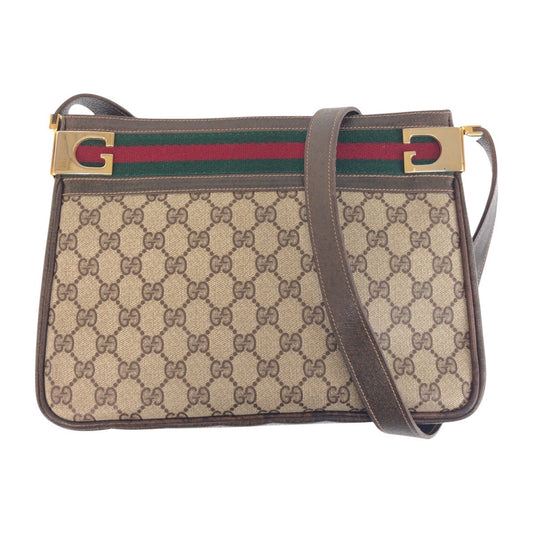 GUCCI Shoulder Bag GG Supreme canvas, leather Beige Brown Gold Metal Shoulder Bag Old Gucci Shelly Line Women Used Authentic