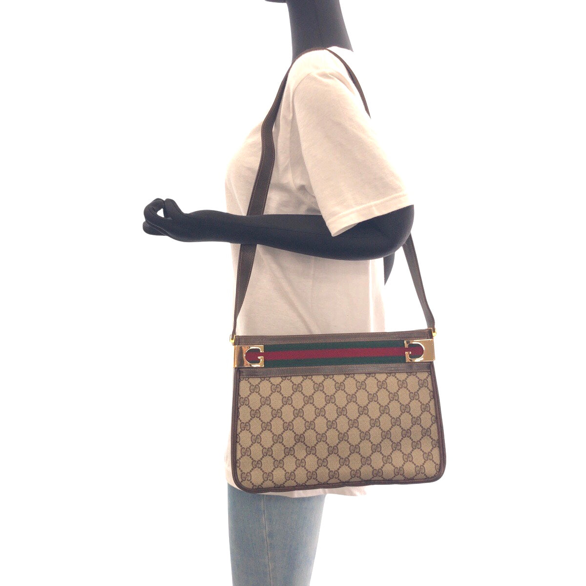 GUCCI Shoulder Bag GG Supreme canvas, leather Beige Brown Gold Metal Shoulder Bag Old Gucci Shelly Line Women Used Authentic