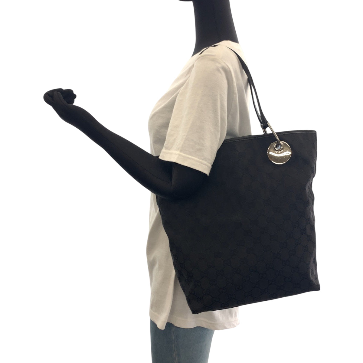 GUCCI Tote Bag 10836 GG canvas Black SilverMetal Tote Bag Shoulder Bag Women Used Authentic