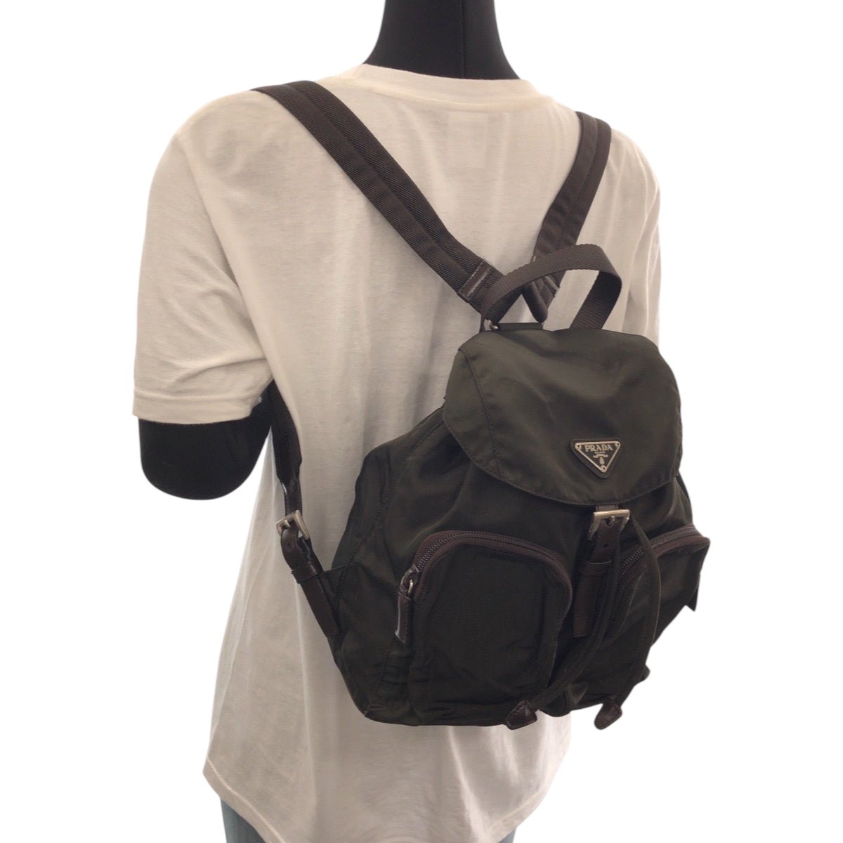 PRADA Backpack Nylon green Backpack Backpack Test Triangle With logo Women Used Authentic