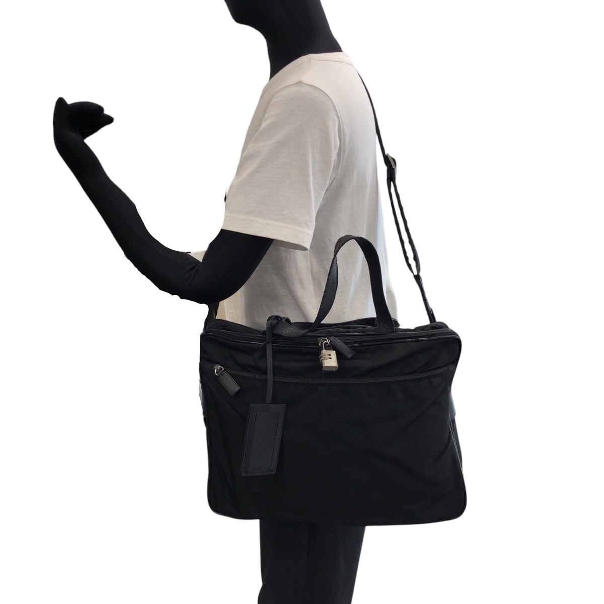 PRADA Shoulder Bag V407S Nylon Black SilverMetal Shoulder Bag Business Bag 2way Test Triangle With logo mens Used Authentic