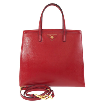 PRADA Tote Bag leather Red Gold Metal Tote Bag Shoulder Bag 2way Safiano Women Used Authentic