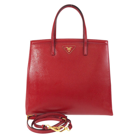 PRADA Tote Bag leather Red Gold Metal Tote Bag Shoulder Bag 2way Safiano Women Used Authentic