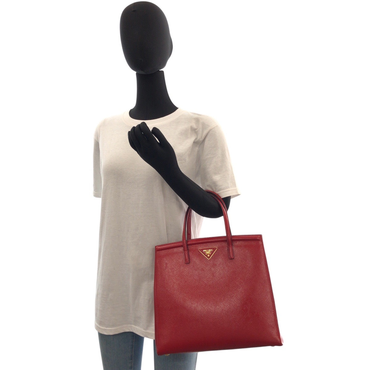 PRADA Tote Bag leather Red Gold Metal Tote Bag Shoulder Bag 2way Safiano Women Used Authentic